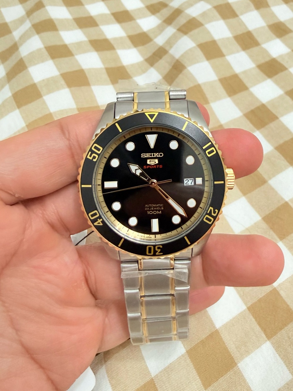 Seiko 5 Sports Automatic Two-Tone Black/Gold SRPB94J1 Brand New In Box Full Set